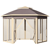 Tenda Dobrável Exterior 4,05x3,4x2,85m com Altura Ajustável Pérgola de Jardim Hexagonal com Teto Duplo Mosquiteiras Removíveis e Bolsa de Transporte para Festas Bege 