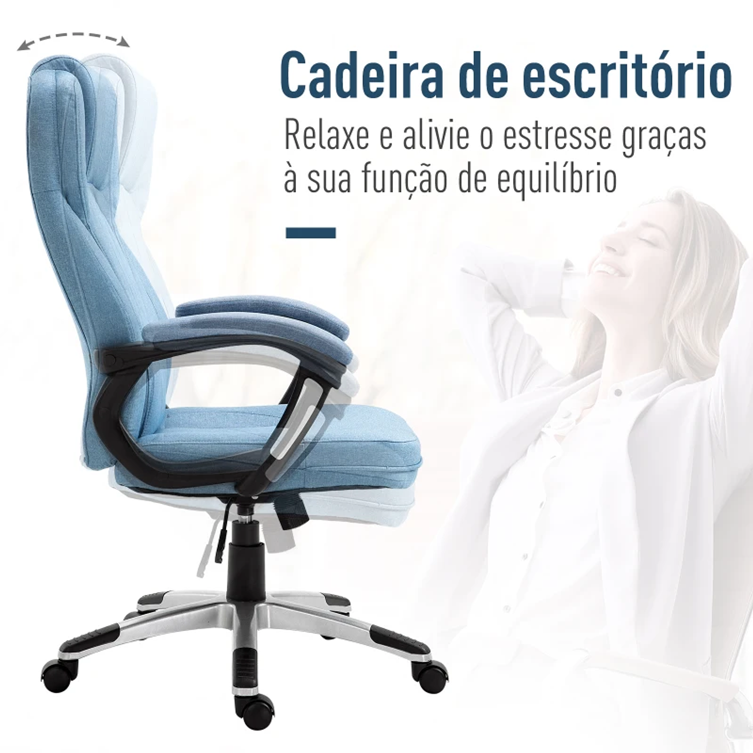 Cadeira de Escritório Giratória Cadeira de Escritório Ergonômica com Altura Ajustável Apoio para os Braços e Encosto Acolchoado de Linho Sintético 66x75x110-120cm Azul Claro 3