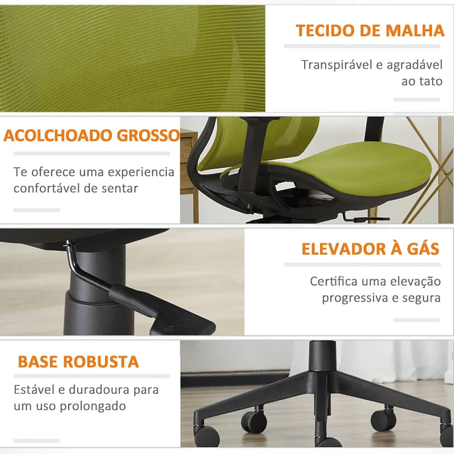 Cadeira de Escritório Giratória Ergonômica com Altura Ajustável Apoio para os Braços Apoio para a Cabeça e Encosto Alto de Malha 66,5x66x120-128cm Verde 