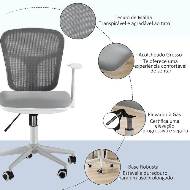 Cadeira de Escritório Ergonômica Giratória com Altura Ajustável Apoio para os Braços Suporte Lombar Encosto de Malha Transpirável 57x58,8x88-96cm Cinza 