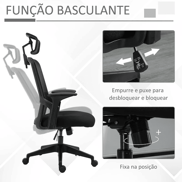 Cadeira de Escritório Ergonômica Giratória com Altura Ajustável Apoio para a Cabeça Suporte Lombar Reguláveis e Encosto Transpirável 63,5x64,5x113-122cm 