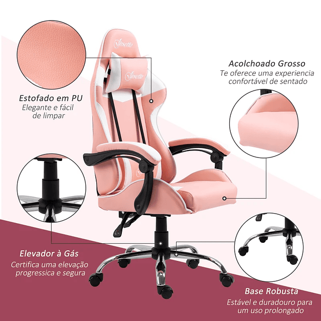 Silla ergonómica para juegos Silla reclinable con cabezal de altura ajustable y soporte lumbar 63x67x122-130cm Rosa y blanco