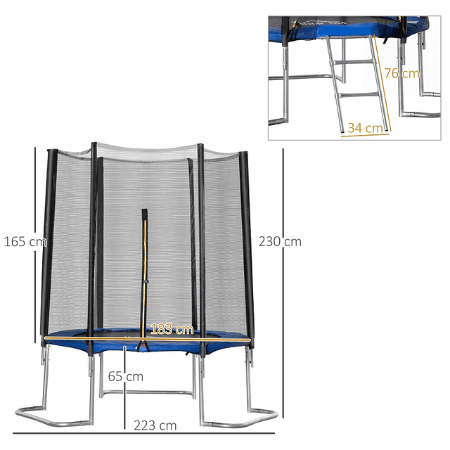 Trampolín de jardín Ø223cm Trampolín para niños adultos con superficie de salto Ø137cm Cubierta de borde de red de seguridad y escalera exterior azul