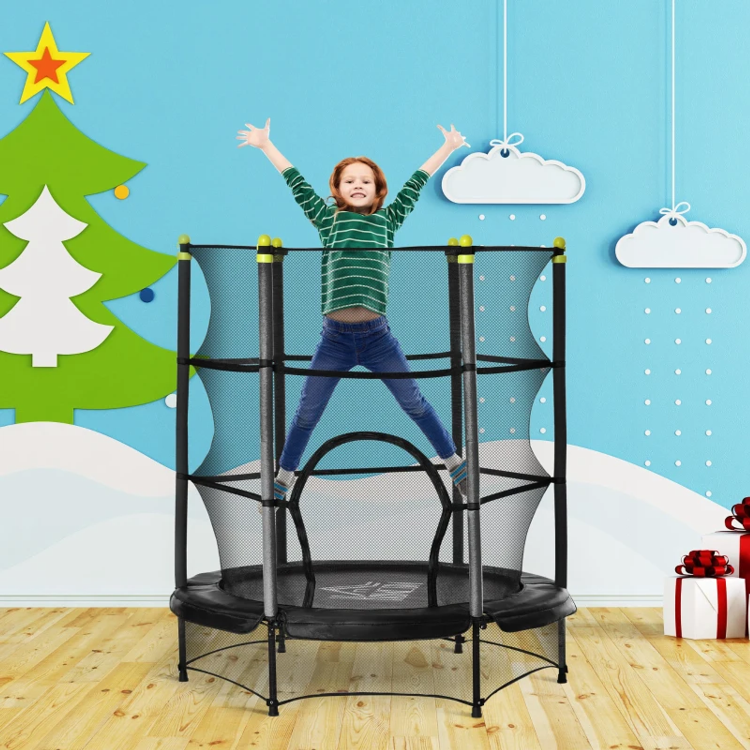 Trampolim para Crianças acima de 3 Anos Cama Elástica Infantil com Rede de Segurança e Estrutura de Aço para Interiores e Exteriores Carga 45kg 140x140x160cm 12