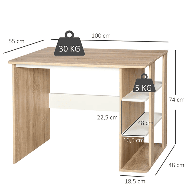 2-in-1 desk with 3-level shelf Large surface Ample storage space 100x55x74 cm Wood