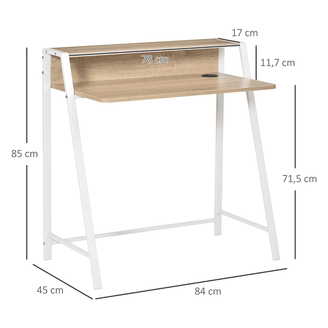 Escritorio Mesa de Ordenador 84x45x85cm con Encimera de Madera y Patas Metálicas Estilo Moderno Roble y Blanco