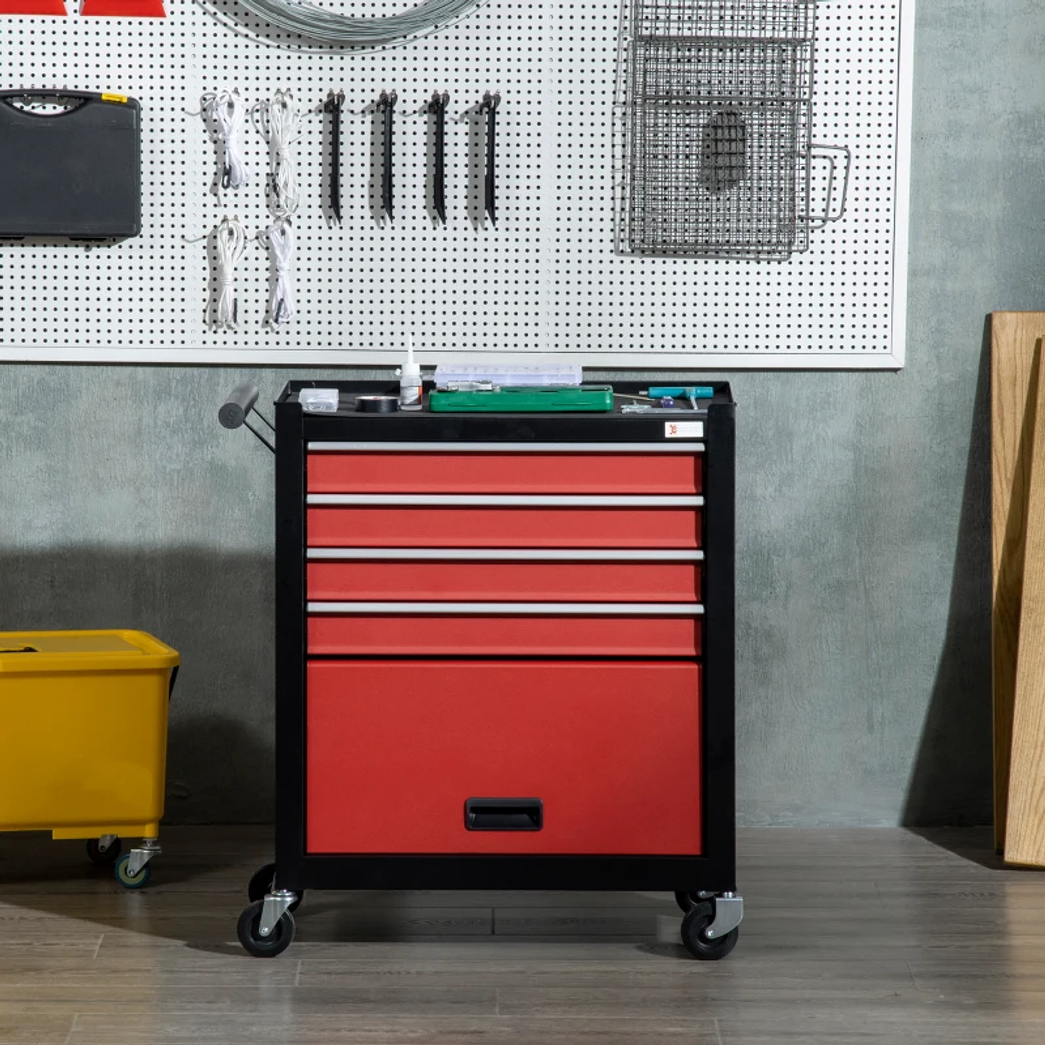 Mobile Tool Cart with Wheels 4 Drawers Storage Compartment and Side Handle 69x33x75cm Black and Red 9