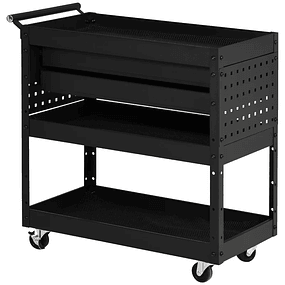 Workshop Tool Trolley with Wheels Load 70kg Tool Trolley with 2 Drawers and 3 Shelves 76.5x39x79cm Black