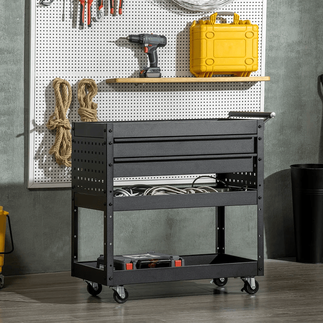 Workshop Tool Trolley with Wheels Load 70kg Tool Trolley with 2 Drawers and 3 Shelves 76.5x39x79cm Black