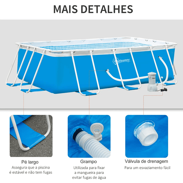 Tubular Collapsible Swimming Pool 340x215x80cm Rectangular Outdoor Swimming Pool with Purifier 4.000L/H 100cm Long Hoses and 4200L Steel Structure Blue