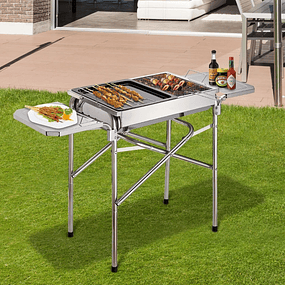Portable Stainless Steel Charcoal Barbecue with 2 Side Shelves Tray and Grill 104x30x68cm Silver