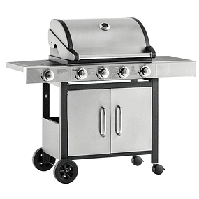 Gas Barbecue with Wheels Barbecue 4+1 Burners 3KW and Side Table Storage Cabinet Stainless Steel Gas Barbecue 128x50x113cm Black and Silver