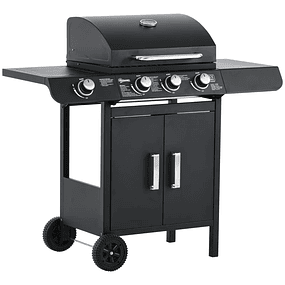 Gas Barbecue with 3+1 Burners 11.6KW 2 Side Tables Cabinet with 2 Doors Thermometer and 2 Wheels Stainless Steel 110x50x100cm Black