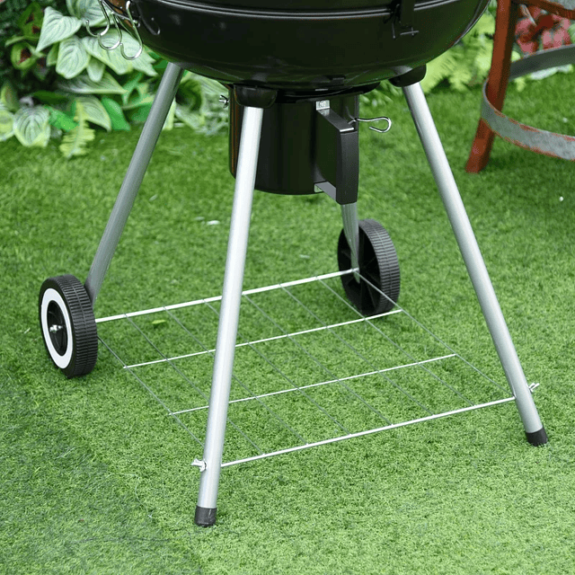 Barbacoa de carbón con balda para termómetro y ruedas para jardín exterior camping 57x63x94 cm Negro y Plata
