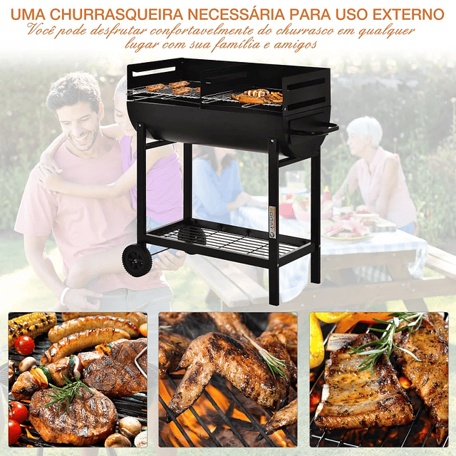 Barbecue a Carvão com Grelha Ajustável em Altura Prateleira de Armazenamento e Rodas 90x45x96 cm Preto