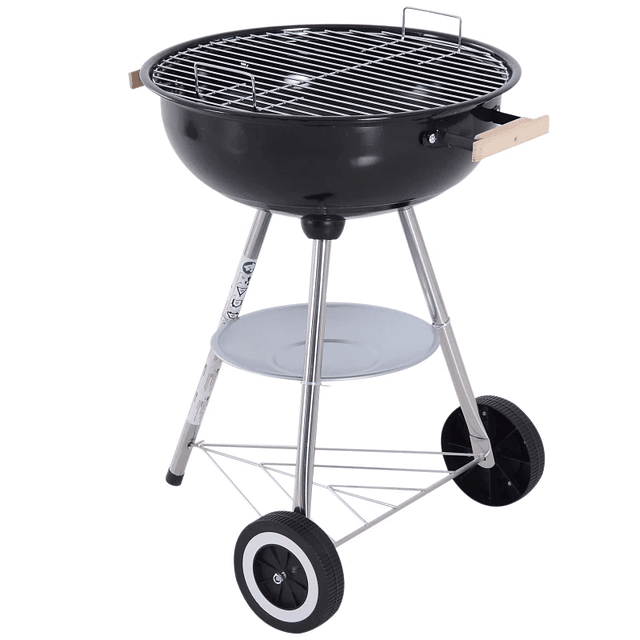 Portable Charcoal Barbecue with Enamelled Lid and Bowl Wheels and Wooden Handles 48x56x85 cm Black