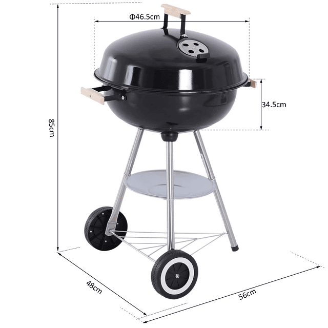 Portable Charcoal Barbecue with Enamelled Lid and Bowl Wheels and Wooden Handles 48x56x85 cm Black