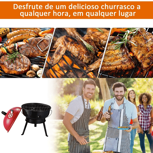 Barbecue a Carvão Portátil Barbecue Pequena de Metal Esmaltado com 3 Pés Antiderrapantes Ø36,5x54cm Preto e Vermelho 