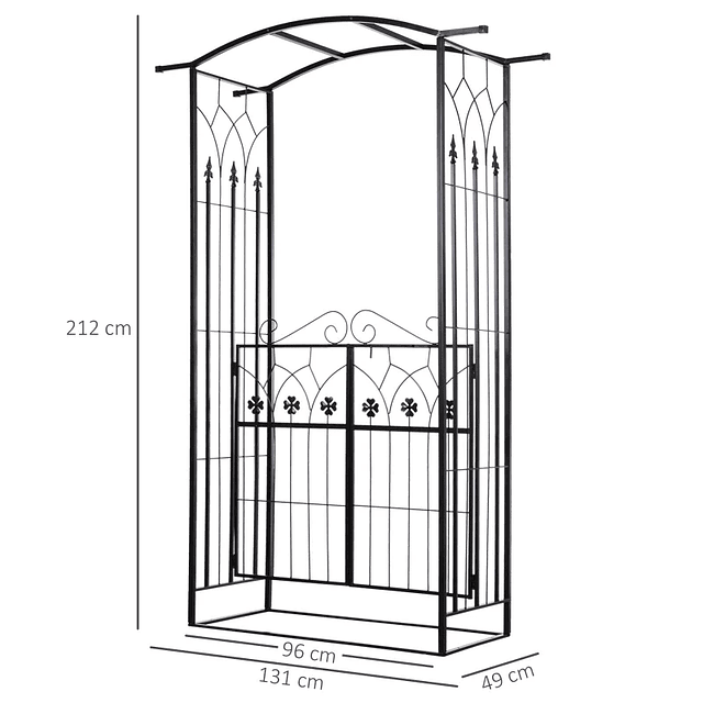 Arco de jardim com porta de treliça de metal com fechadura para plantas trepadeiras Pátio 131x49x212 cm Cor Preto fosco 