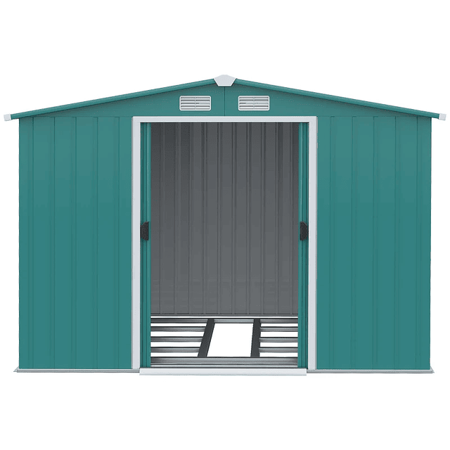 Caseta de jardín de acero galvanizado con puertas correderas y rejillas de ventilación para almacenamiento 260x206x179cm 4,7m² Verde
