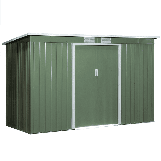 Caseta de jardín 280x130x172cm Caseta exterior de acero galvanizado con puerta corredera y rejillas de ventilación verde claro