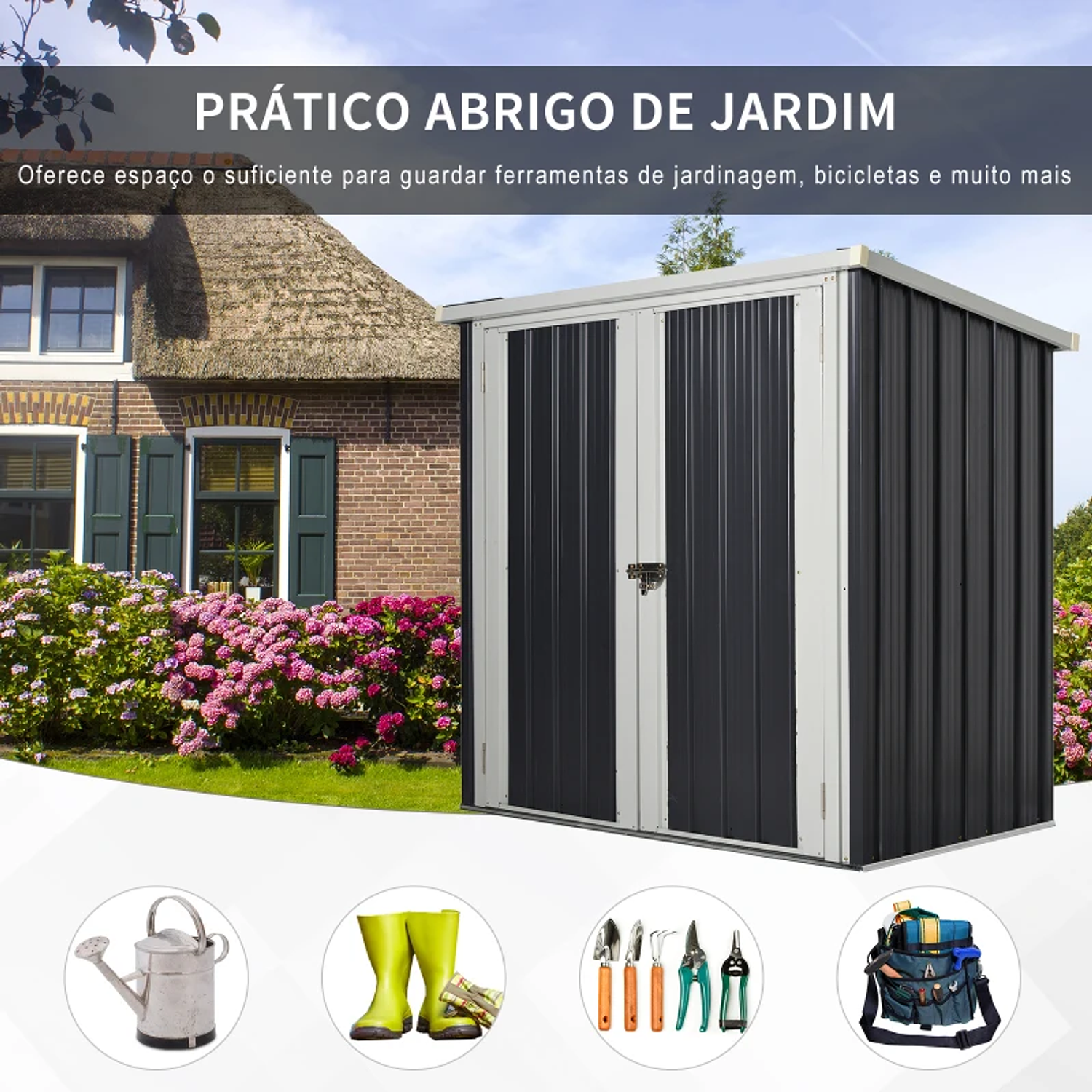 Abrigo de Jardim 1,26 m² de Aço Galvanizado com 2 Portas para Armazenamento de Ferramentas 147x86x134 cm Preto  4