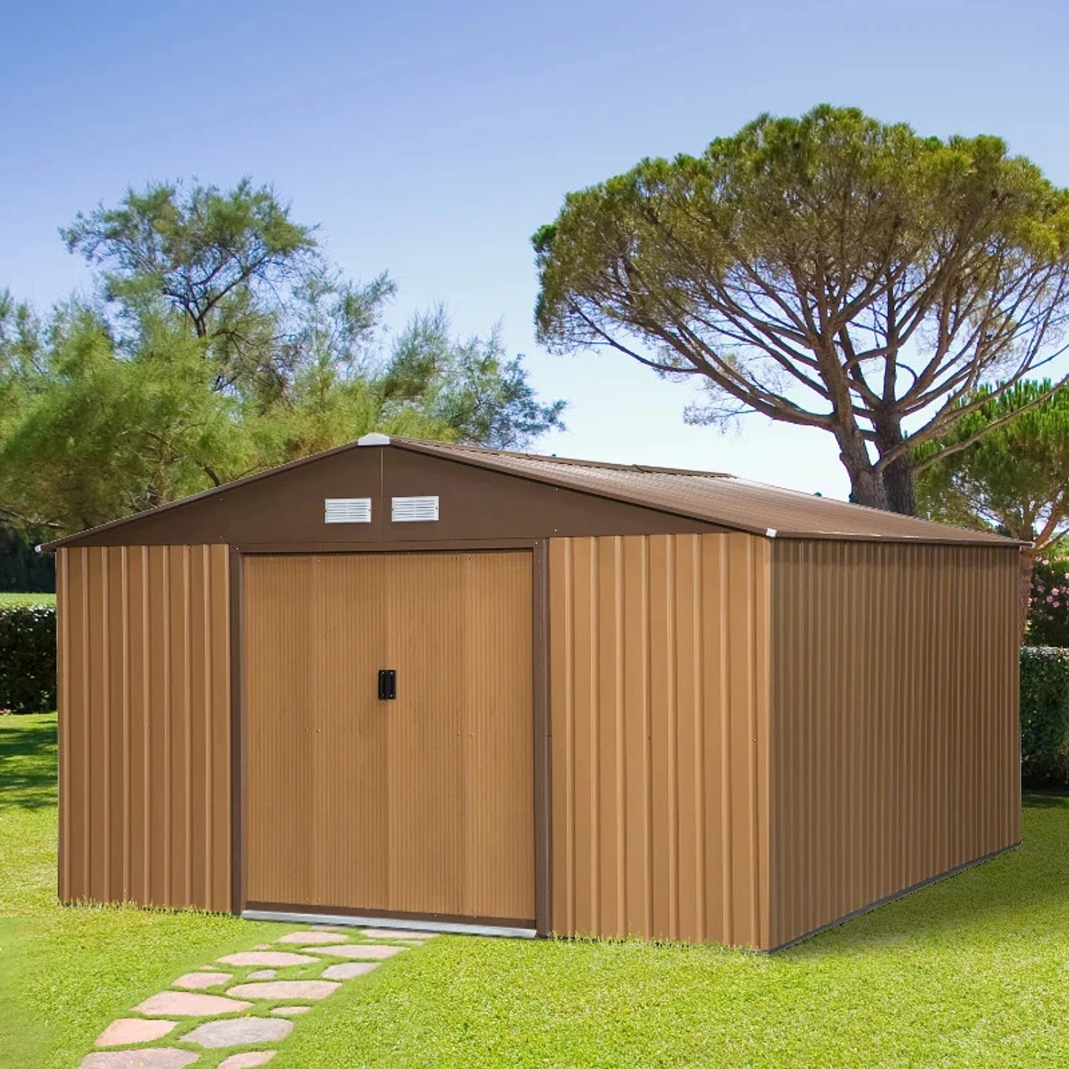 Abrigo de Jardim Metálico 340x386x200cm Abrigo de Exterior para Armazenamento de Ferramentas com Base Incluida 4 Janelas de Ventilação e Porta Corredeira 14