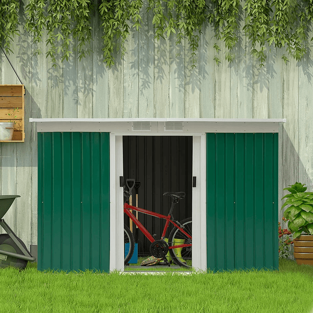 Caseta de jardín 280x130x172cm Caseta exterior de acero galvanizado con puerta corredera y ventilaciones verdes