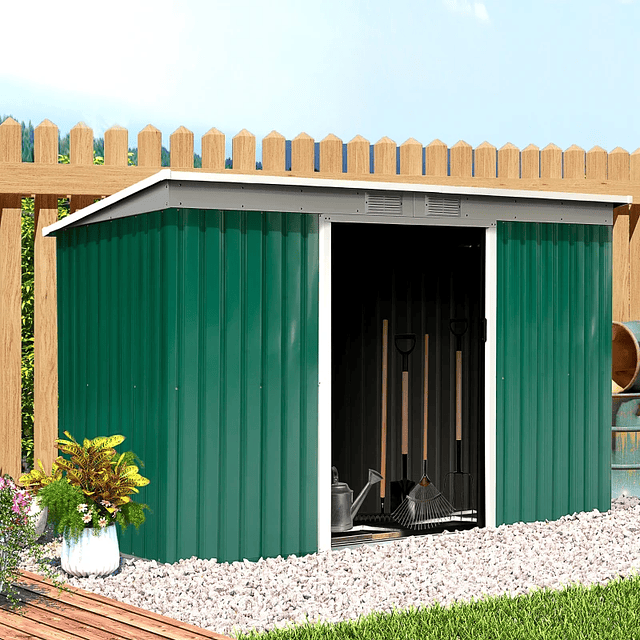 Garden Shed 280x130x172cm Galvanized Steel Outdoor Shed with Sliding Door and Green Vents