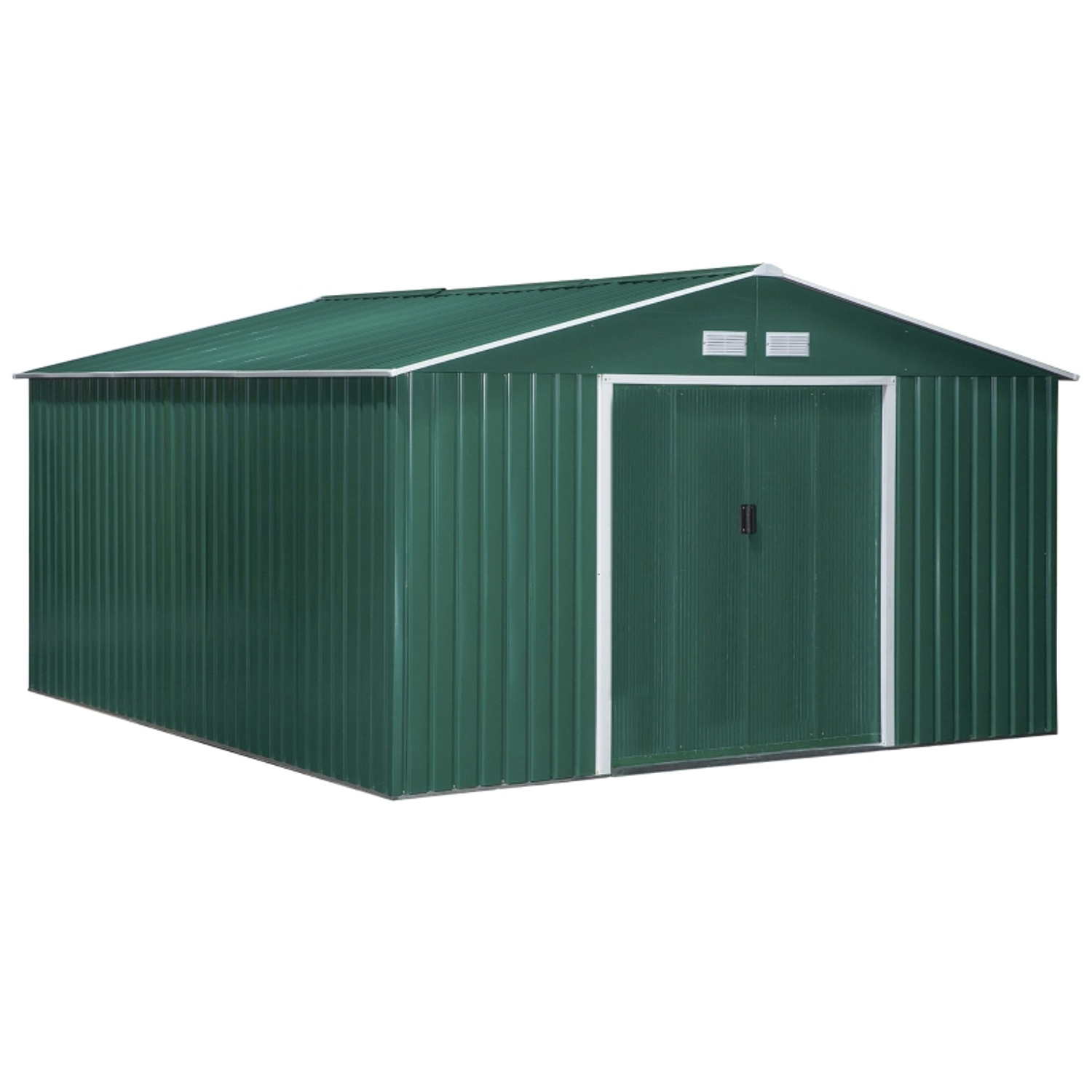 Abrigo de Jardim Metálico 340x386x200cm Abrigo de Exterior para Armazenamento de Ferramentas com Base Incluida 4 Janelas de Ventilação e Porta Corredeira 1