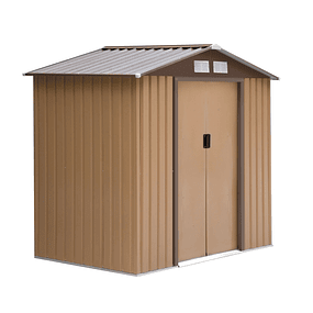 Garden Shed 213x130x185cm Outdoor Metallic Garden Shed with 2 Sliding Doors and 4 Light Brown Windows