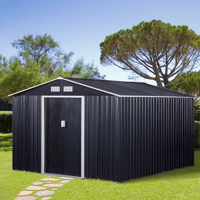 Outdoor Garden Shed Metallic Garden Shed for Tool Storage with Base Included and 4 Windows 322x277x192cm Dark Gray