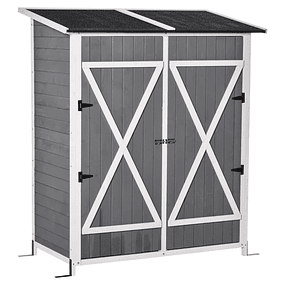 Gabinete de jardín de madera 140x75x160cm Cobertizo de almacenamiento de herramientas con estante móvil y ganchos - Gris