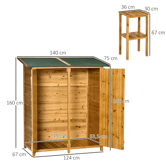 Gabinete de jardín de madera 140x75x160cm Cobertizo de almacenamiento de herramientas con estante móvil y ganchos