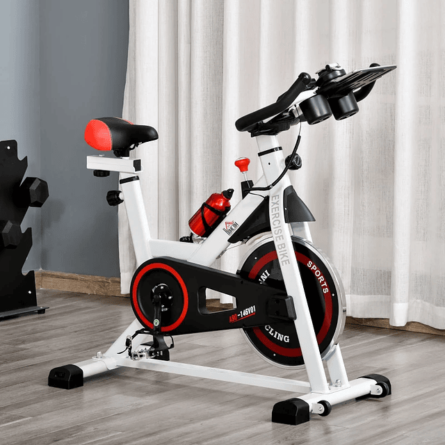 Exercise bike with LCD screen Adjustable saddle Steering wheel 8 kg Load 100 kg 103x53x110-114 cm White