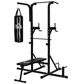 Weight Training Dip Station with Reclining Weight Bench Boxing Bag and Pull Up Bar Fitness Training Tower 180x183x219cm Black