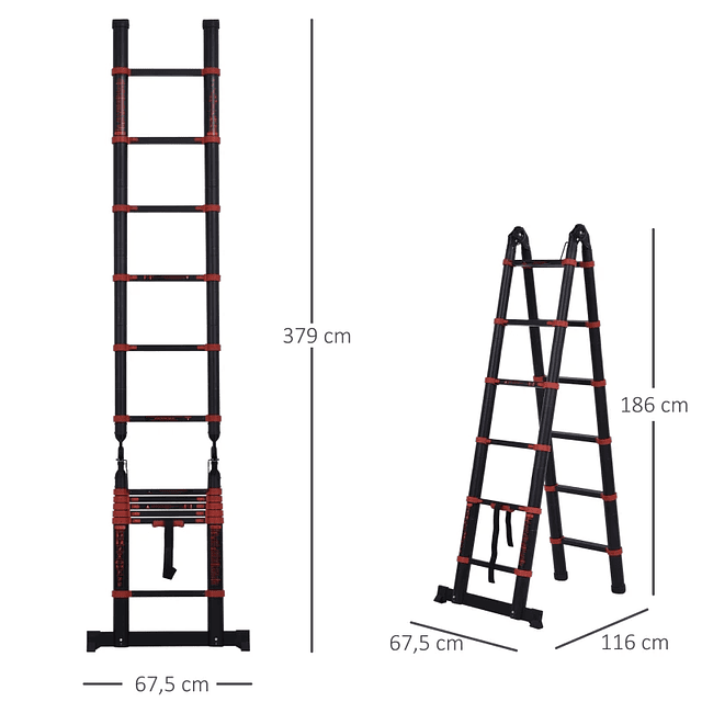 Escalera telescópica multifuncional de 2 vías de aluminio de 3,8 M, marco de escalada portátil para interiores, exteriores, exteriores, doméstico, negro
