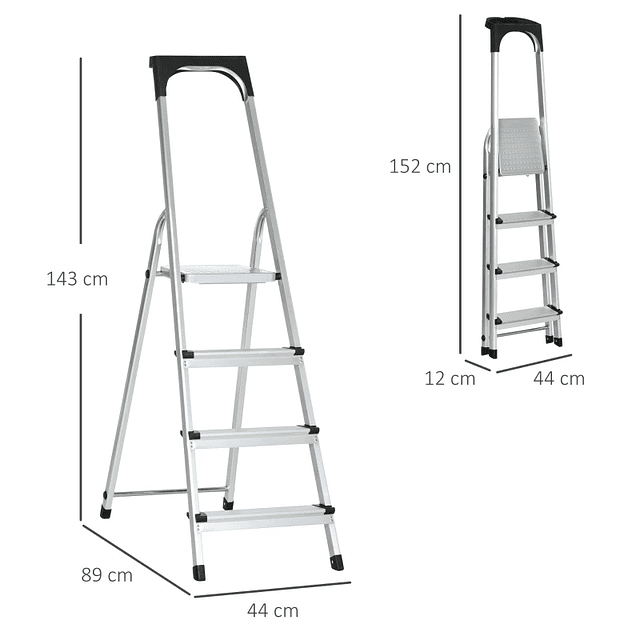 Escalera Plegable de Aluminio con Bandeja Magnética Escalera de 4 Peldaños con Base Antideslizante 44x89x143cm Plata