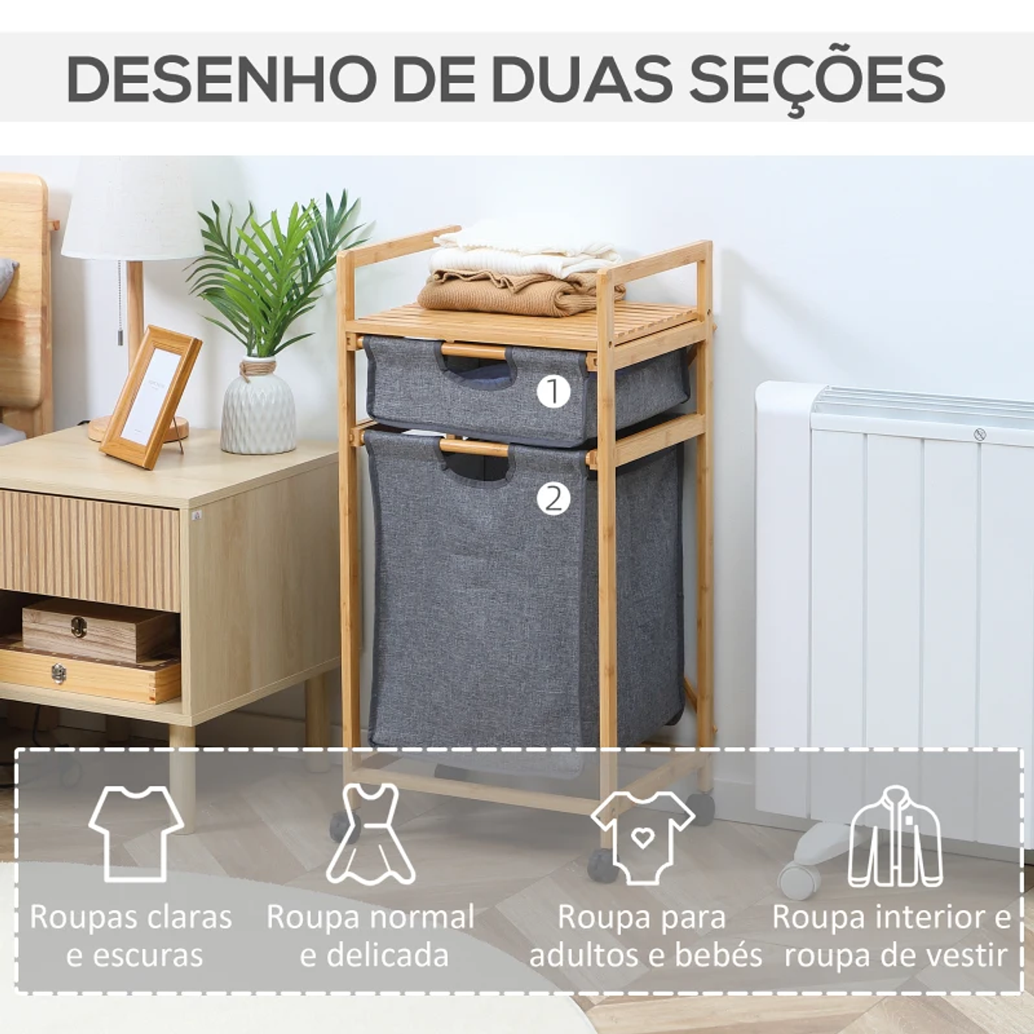 Bamboo Laundry Basket with 2 Removable Fabric Bags Open Shelf 4 Wheels 42x35x84,5cm Gray and Wood 4