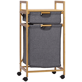 Bamboo Laundry Basket with 2 Removable Fabric Bags Open Shelf 4 Wheels 42x35x84,5cm Gray and Wood