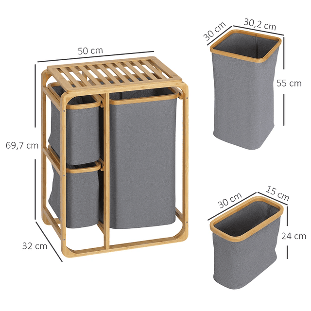 Cesto de ropa de bambú con 3 bolsas de tela extraíbles y estante abierto 50x32x69,7 cm gris y madera