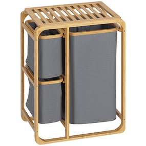 Bamboo Laundry Basket with 3 Removable Fabric Bags and Open Shelf 50x32x69.7cm Gray and Wood