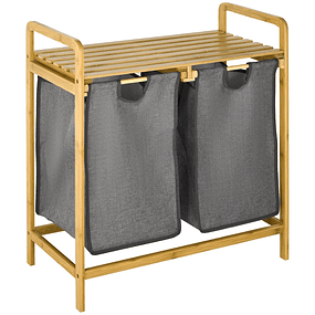 Cesto de ropa de bambú con 2 bolsas extraíbles y balda 63,5x33x73 cm Madera y gris