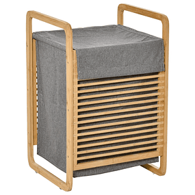 Portable Bamboo Laundry Basket with Lid and Bag Removable Bathroom Furniture 40x35,5x60,5cm Color Natural and Gray
