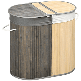 Cesto de ropa de bambú Capacidad 100L Cesto de ropa con bolsa con 2 compartimentos 62,5x37x60,5cm Marrón - Gris