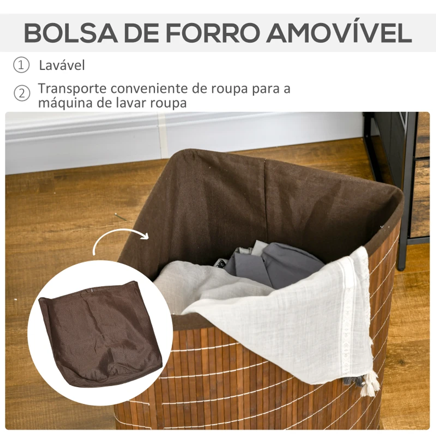 Cesto de Roupa de Bambu Capacidade de 55L Cesto para Roupa Suja com Tampa e Bolsa Amovível 38x38x57cm 4