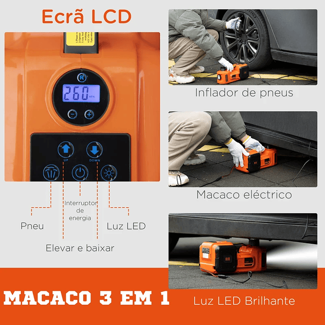 Kit Gato Eléctrico para Coche 12V hasta 5 Toneladas de 15.5x45cm con Reparación de Neumáticos Luz LED e Inflador 36x33x16cm Naranja