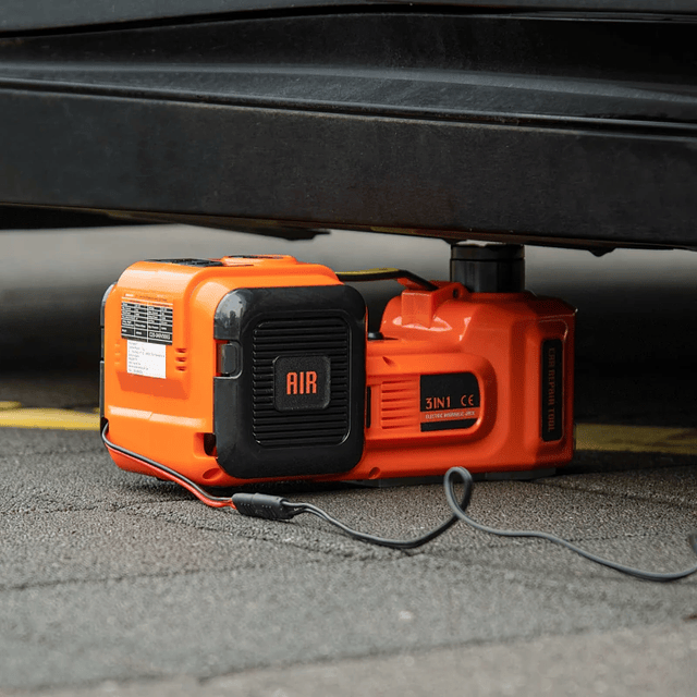 Kit cric electric pentru mașină 12V pentru până la 5 tone de 15,5x45cm cu reparație pentru cauciucuri Lumină LED și umflator 36x33x16cm portocaliu