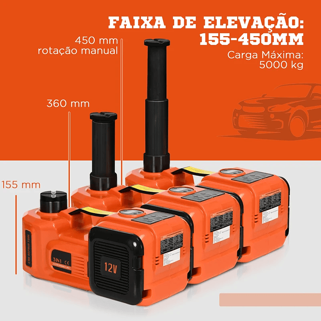 Kit Gato Eléctrico para Coche 12V hasta 5 Toneladas de 15.5x45cm con Reparación de Neumáticos Luz LED e Inflador 36x33x16cm Naranja