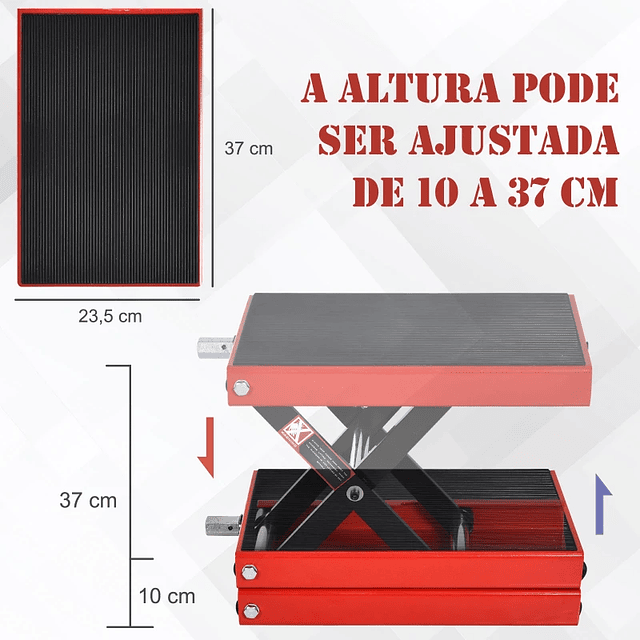 Plataforma elevadora de tijera regulable en altura Carga 500 kg 41,5x23,5x10-37cm Negro y rojo
